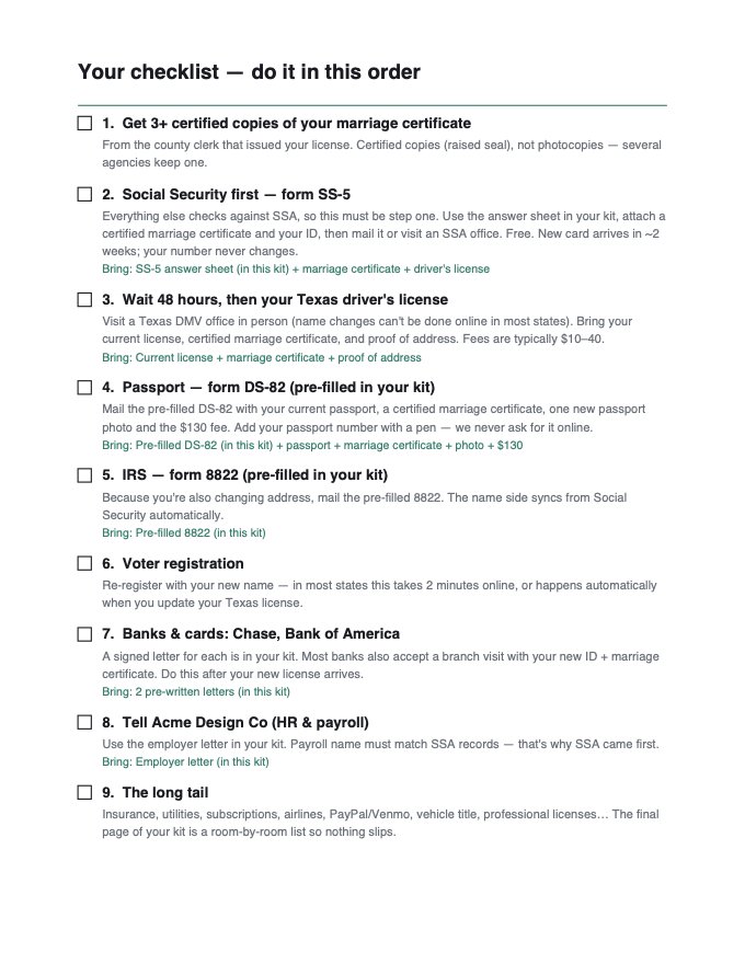Sample kit: the ordered checklist page