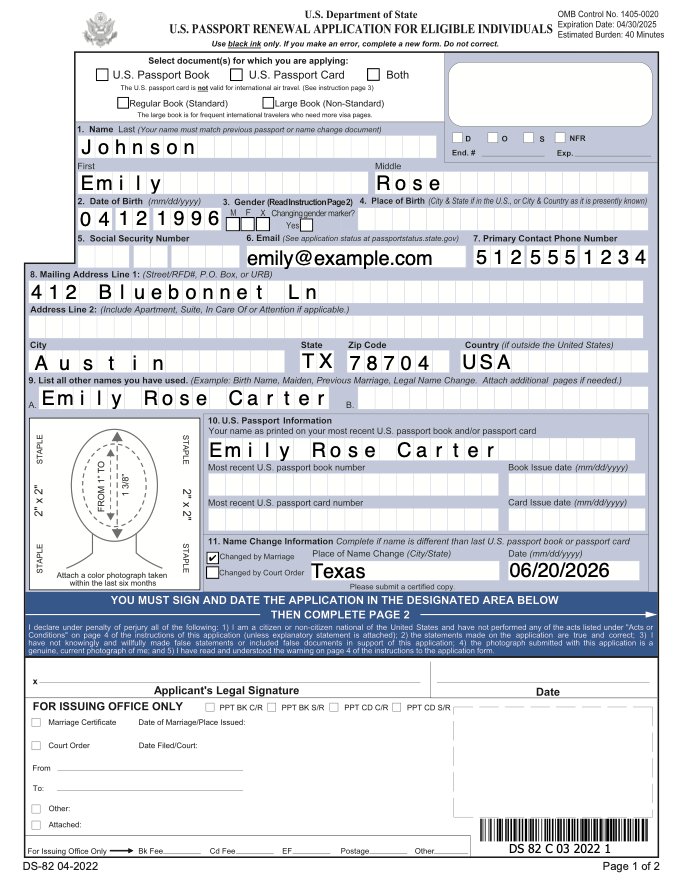 Sample kit: pre-filled passport form DS-82